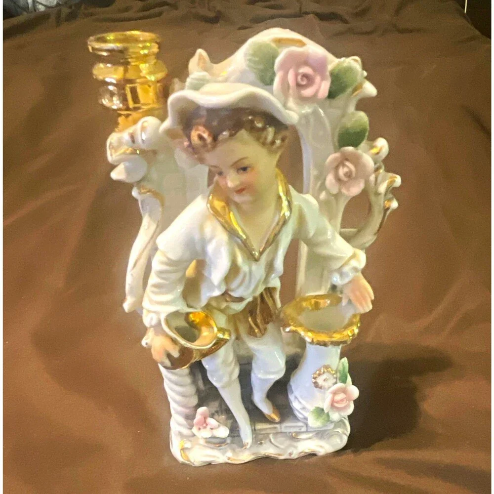 Vintage Porcelain Figurine Candle Holder Glossy White Gold Pink Floral